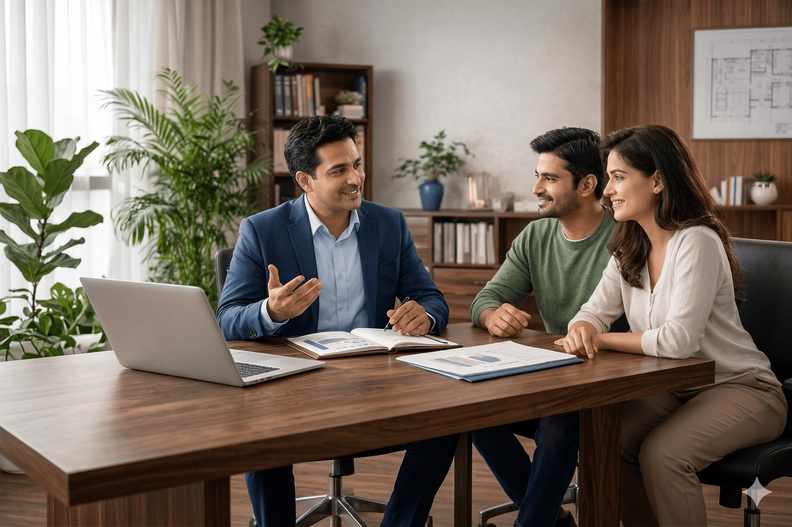 Financial advisor meeting with clients at a desk